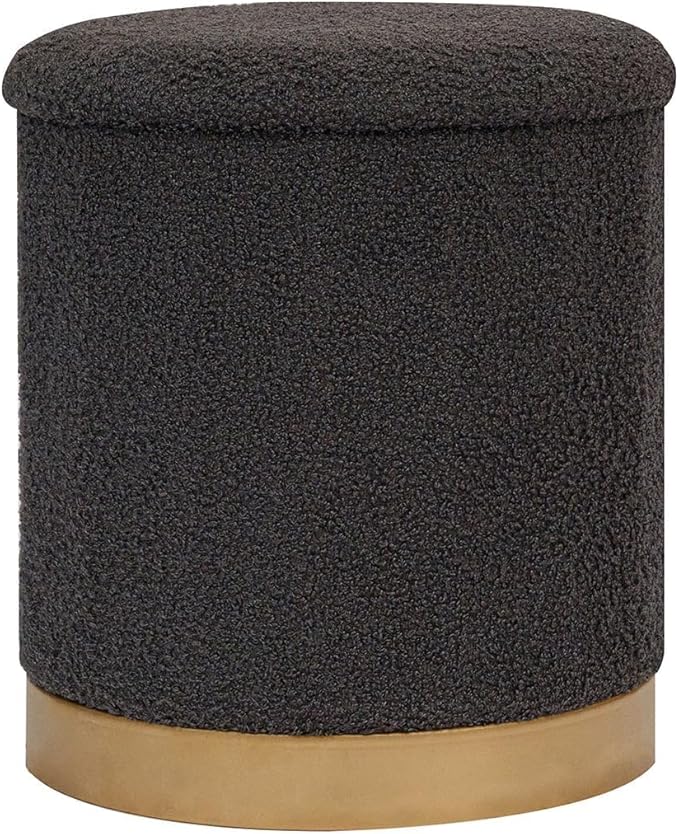 B FSOBEIIALEO Ottoman with Stroage, Round Boucle Storage Ottoman with Gold Plating Base,Foot Rest Stool for Dorm Room, Living Room Dark Grey, 14.76"x14.76"x16.34"