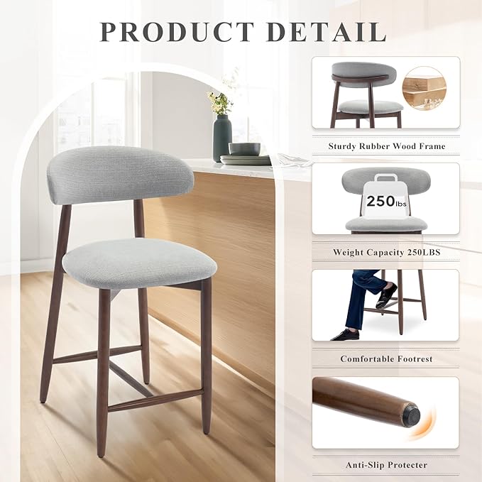 COLAMY Bar Stools Set of 3, Counter Height Barstools with Back, Upholstered Bar Stools with Wood Legs for Kitchen Island Dining Room Bar, Light Grey