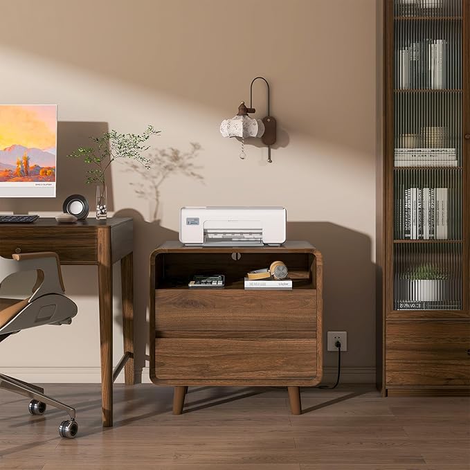 Nasonet Mid Century Modern Nightstand with Charging Station, Wood Bedroom End Tables Set of 2 Nightstands with Drawers, Curved Bedside Table for Living Room, Bedroom, Walnut