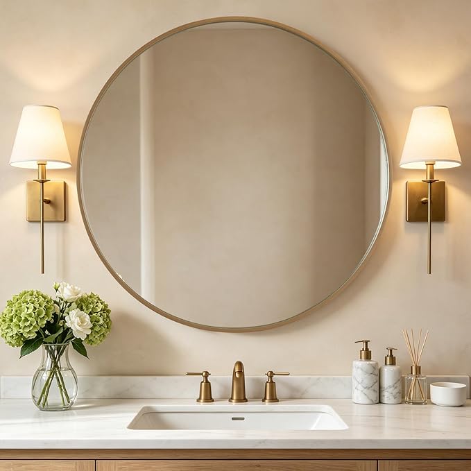 WallBeyond Round Wood Mirror, 40-" Round Modern Decoration Large Circle Wall Mirror for Bathroom Living Room Bedroom Entryway, Honey