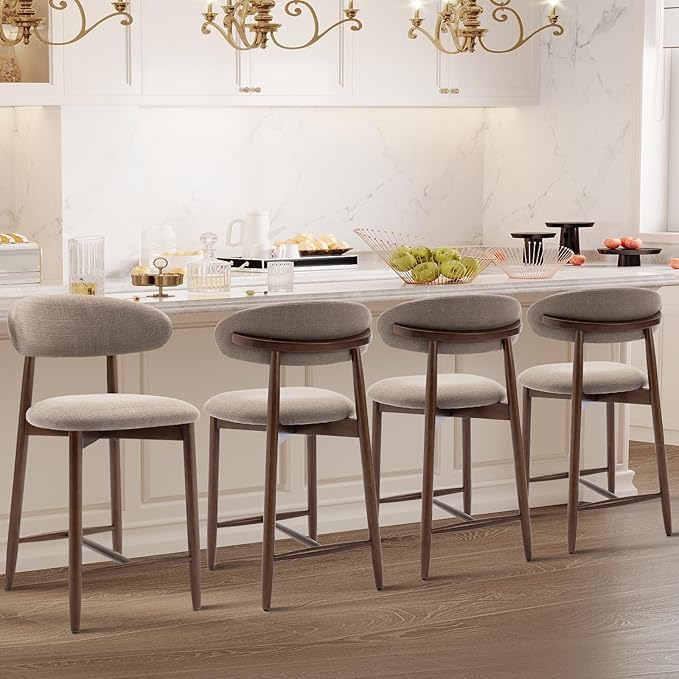 Upholstered Counter Height Bar Stools Set of 4, Kitchen Island Stools with Back, Modern Counter Stools Island Bar Chairs with Wood Legs for Kitchen Island Dining Room Bar, Camel
