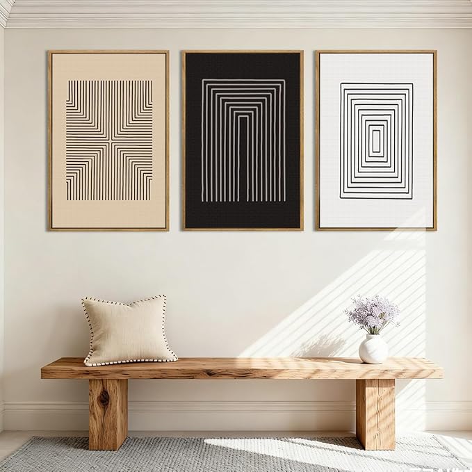 Anyzal Extra Large Abstract Black Framed Wall Art 24x36 Inch Boho Modern Canvas Wall Decor Brown White Minimalist Art prints for Living Room Bedroom Office Set of 3