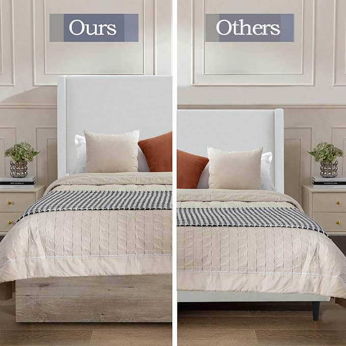 Queen Size Upholstered Platform Bed Frame, 54" High Headboard Shelton Wingback Bed Frames, Wood Base Platform Beds Bedframe, No Box Spring Needed No Noise, Rustic Farmhouse Modern, Ivory