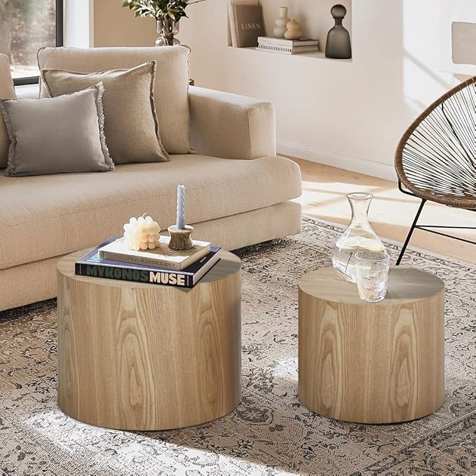 WILLIAMSPACE Nesting Coffee Table Set of 2, Round Wooden Coffee Tables Circle Modern Table for Small Space Living Room Bedroom Accent End Side Table (Wooden Color-Round)