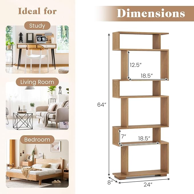 Giantex 6-Tier Geometric Bookshelf, S-Shaped Bookcase with 2 Anti-Tipping Kits, Wooden Display Shelf, Decorative Storage Shelving Unit, Home Storage Organizer for Office Living Room (1,Natural)