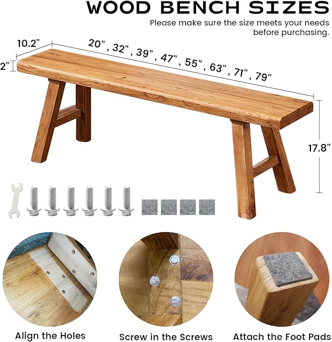 Narrow Entryway Bench Farmhouse Wood End of Bed Bench 20" 32" 39" 47" 55" 63" 71" 79" Sturdy Stable Skinny Long Benchs for Bedroom Hallway Dining Room Porch Easy to Assemble Natural Finish(71")