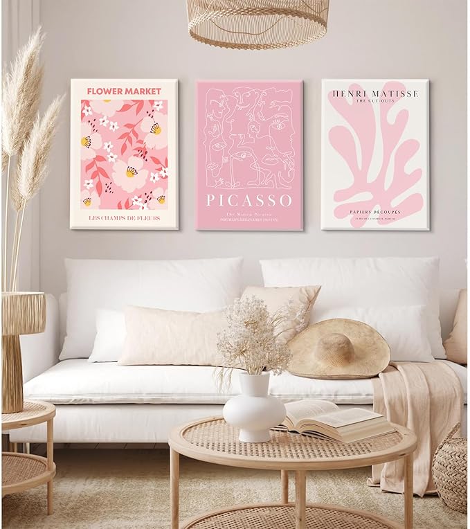 Matisse Abstract Wall Art Decor Pink Flower Canvas Pictures Picasso Aesthetic Wall Art Henri Matisse Prints Poster Abstract Flower Painting Market Artwork for Bedroom 12x16 Inch Framed Set of 3