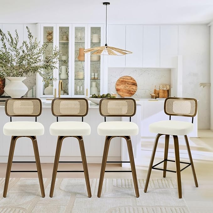 Bekrvio Swivel Bar Stools Set of 4, Upholstered Faux Leather Barstools with Rattan Back, 29" Seat Height Bar Chairs for Kitchen Island, Bentwood Wood Frame, Cream White