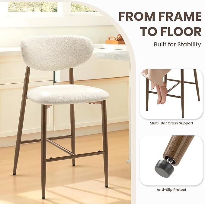 MALOL Bar Stools Set of 3, Counter Height bar stools, Kitchen Bar Stools with Backs, Modern Upholstered, Modern Bar Stools with Metal Legs for Kitchen Island, Counter, Beige