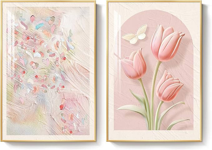Framed Boho Floral Pink Wall Art for Bedroom, Set of 2 Tulip Flower Abstract Canvas Artwork for Walls, Modern Romantic Botanical Paintings Prints for Living Room Office Hallway Wall Decor, 20x30 Inch