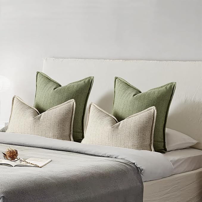 DEZENE 26x26 Linen Euro Sham Pillow Covers Sage Green Pack of 2 Farmhouse Boho Neutral Accents Striped Textured Square Decorative Throw Pillow Cases for Living Room Couch Bed Home Decor