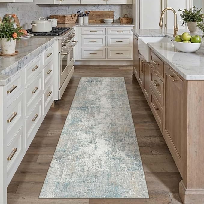 2x8 Washable Runner Rug Blue Cream Abstract Non Slip Soft Low Pile Hallway Kitchen Rug Neutral Modern Carpet for Laundry Bathroom Bedroom Living Room Home Decor