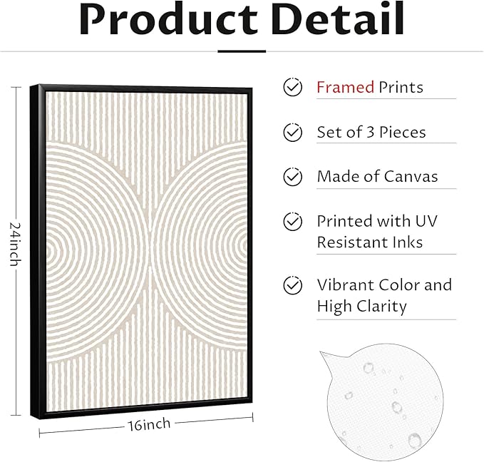Modern Abstract Pictures Wall Art Boho Neutral Canvas Wall Art Minimalist Line Wall Decor Beige Black Brown Artwork Abstract Modern Painting Prints for Living Room Bedroom 16x24 Inch Framed Set of 3