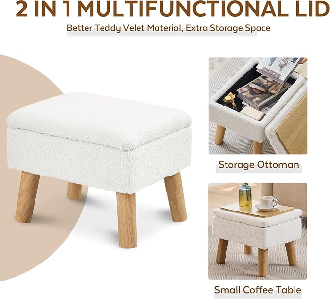 Storage Ottoman, Small Foot Stool Ottoman with Storage, Teddy Velvet Foot Rest with Wood Legs, Footstool for Living Room, Bedroom, Entryway, White