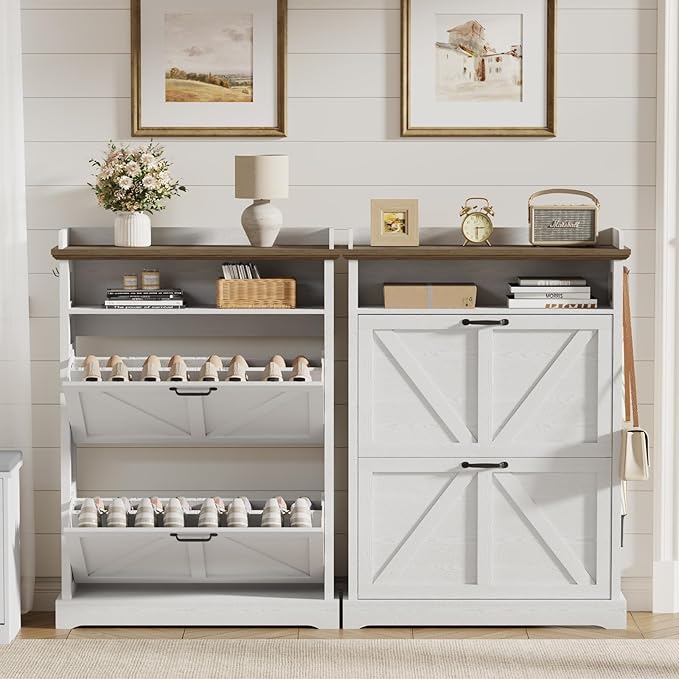 Shoe Cabinet with 2 Flip Drawers, Farmhouse Narrow Shoe Cabinet Organizer with Double-Layer Top, Freestanding entryway organizer with adjustable shelves and hooks, for, Foyer, Hallway, White