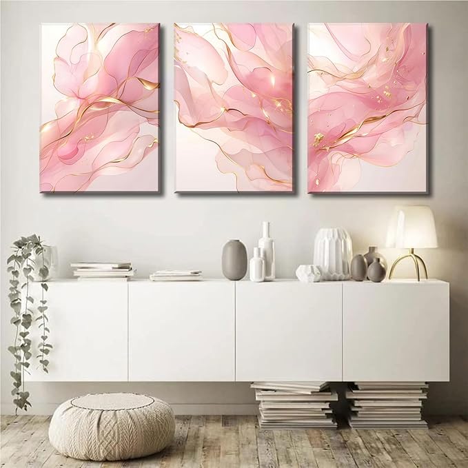 Pink Marble Abstract Canvas Wall Art Pink and Gold Abstract Marble Wall Decor Pictures Neutral Modern Minimalist Posters Prints for Living Room Bedroom Home Decoration 12x16in