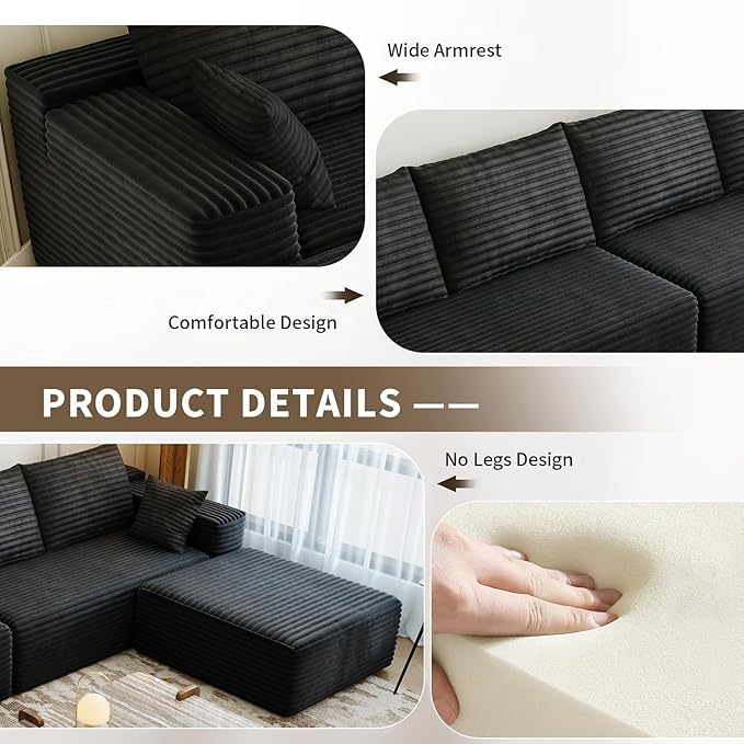 168.5" Modular Sectional Sofa, Oversized U-Shaped Minimalist Couches with 3 Middle Seats Chaise, Modern Deep Seat Convertible Sleeper Sofa, Cloud Plush Corduroy Fabric,7 Seater, Black