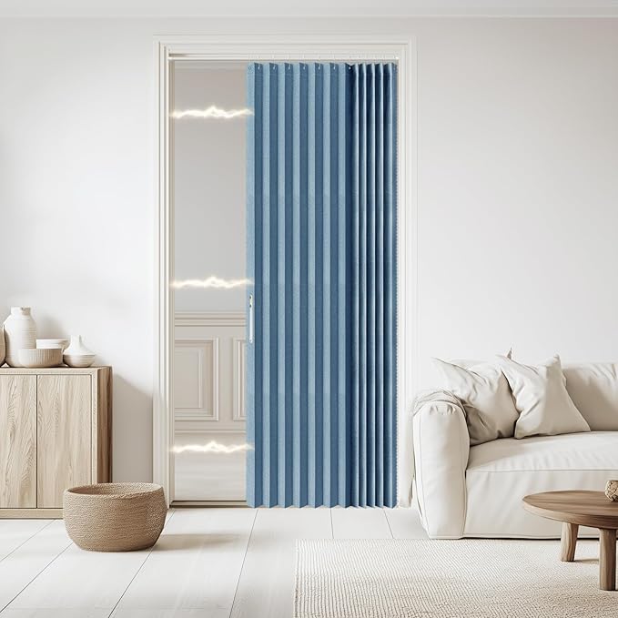Jilron Accordian Door Curtain, 100% Blackout Folding Magnetic Doorway Curtains,Linen Style Closet Doors,for Room Divider,Privacy Protection（W52 x L78,Blue,1 Panel）