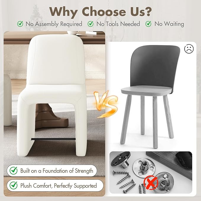 Hyfirm Upholstered Dining Chairs Set of 6, Modern Armless Desk Chair with Metal Footrest for Diningroom Bedroom Livingroom Reading Room,White Fabric