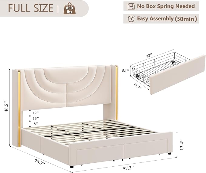 HITHOS Full Upholstered LED Bed Frame with 2 Storage Drawers, Velvet Platform Bed with Wingback Headboard, Solid Wooden Slats Support, No Box Spring Needed, Headboard Splicing Design, Beige