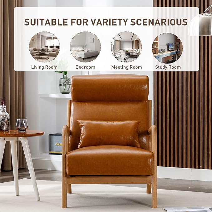ANJ Mid Century Modern Accent Chair with High Back, Single Lounge Armchair with Solid Wood Frame, Comfy Reading Chair for Living Room, Easy Assembly