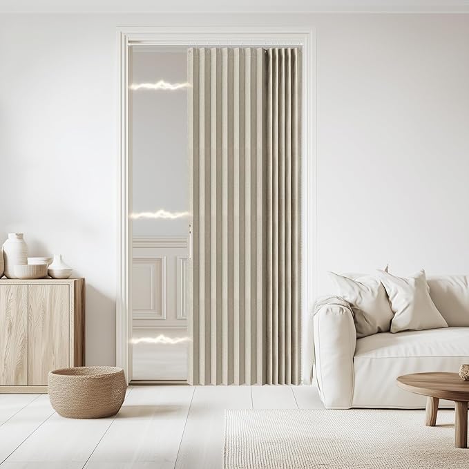 Jilron Accordian Door Curtain, 100% Blackout Folding Magnetic Doorway Curtains,Linen Style Closet Doors,for Room Divider,Privacy Protection（W52 x L78,Off White,1 Panel）