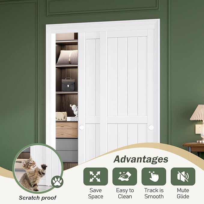 FREDBECK Sliding Closet Doors 48x80(Double 25inch),Bypass Barn Door with Hardware,for Bedroom,White,H Frame,Assemble Required