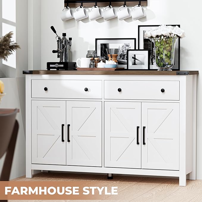 VVFLU 55" Modern Farmhouse Buffet Cabinet with Storage, Coffee Bar Cabinet with 2 Drawers and 4 Barn Doors, Sideboard Storage Cabinet for Kitchen, Dining Room, Living Room, White Wood