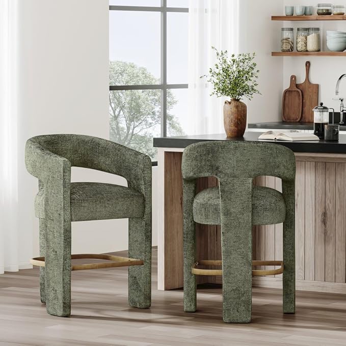 Jofran Gwen Forest Upholstered Counter Stool with Arms – Versatile Barstools – Stylish Seating for Kitchen Dining Room or Home Bar, Natural, Modern Counter Stools, Single Stool
