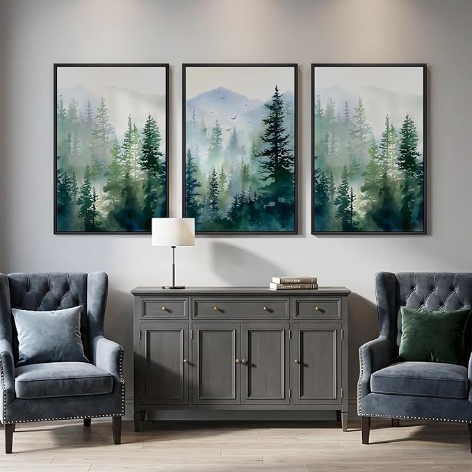 Large Framed Green Forest Landscape Wall Art for Living Room, 3 Piece Pine Tree Foggy Mountain Watercolor Canvas Artwork for Walls, Nature Scenic Modern Wall Decor for Dining Room Hallway, 24x36 Inch