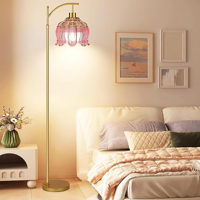 QIYIZM Pink Floor Lamp for Living Room,Bedroom,Glass Gold Dimmable Standing Lamp with Remote,Mid Century Modern Brass Tall Lamp Boho Floor Lamps Arc Stained Tulip Flower Floor Light Lamp Bohemian