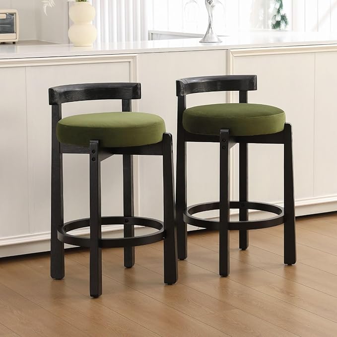 LukeAlon Mid Century Velvet Counter Stools Set of 2, Upholstered 26.5” Seat Height Low Barstools with Black Wood Legs Retro Round Kitchen Stools with Footrest for Dining Room Bar Coffee Shop, Green