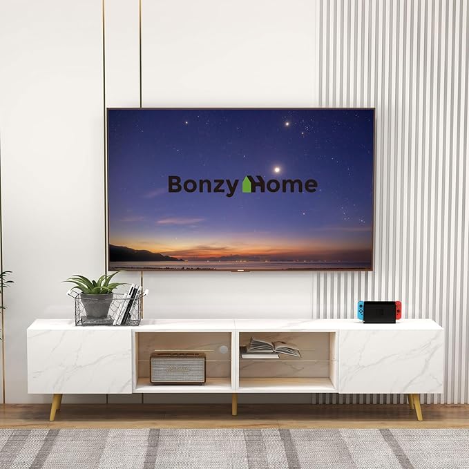 Bonzy Home 86" LED TV Stand, Modern Entertainment Center up to 75" TV, Television Console Table with Storage Cabinets for Living Room, White Marble