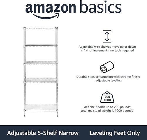 Amazon Basics 5-Shelf Adjustable Storage Shelving Unit for Garage, Steel Wire Rack, 200 Pound Loading Capacity per Shelf, 23.2" x 13.4" x 60", Chrome Finish