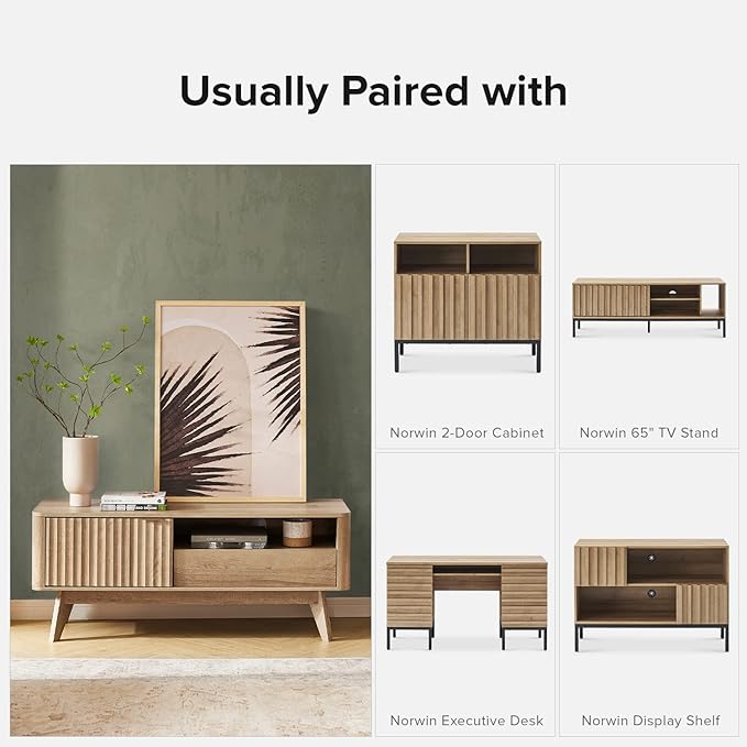 mopio Brooklyn Mid-Century Modern TV Stand, for TVs up to 50” / 59" Waveform Panel, Sleek Curved Profile with Adjustable Shelf and Sturdy Box Frame Leg (Golden Oak, 47")