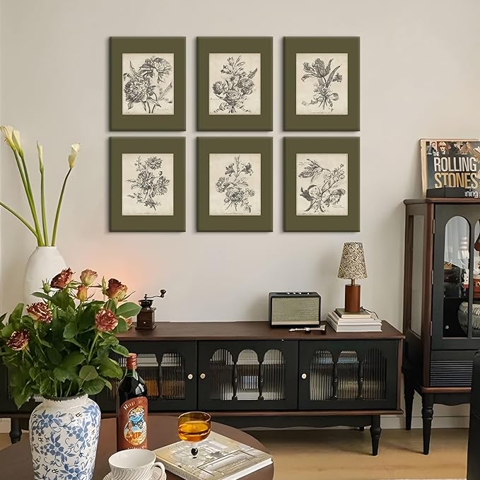 Vintage Floral Wall Art Sketch Flower Prints Antique Botanical Canvas Wall Art Decor Vintage Etchings Floral Poster Green Botanical Painting Sage Green Artwork for Bedroom 8x10x6 Inch Wrapped Canvas