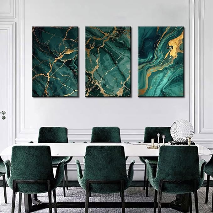 Emerald Green and Gold Canvas Wall Art Set of 3 Abstract Green Gold Marble Fluid Wall Decor Pictures Neutral Modern Minimalist Posters Prints for Living Room Bedroom Home Decoration 12x16in