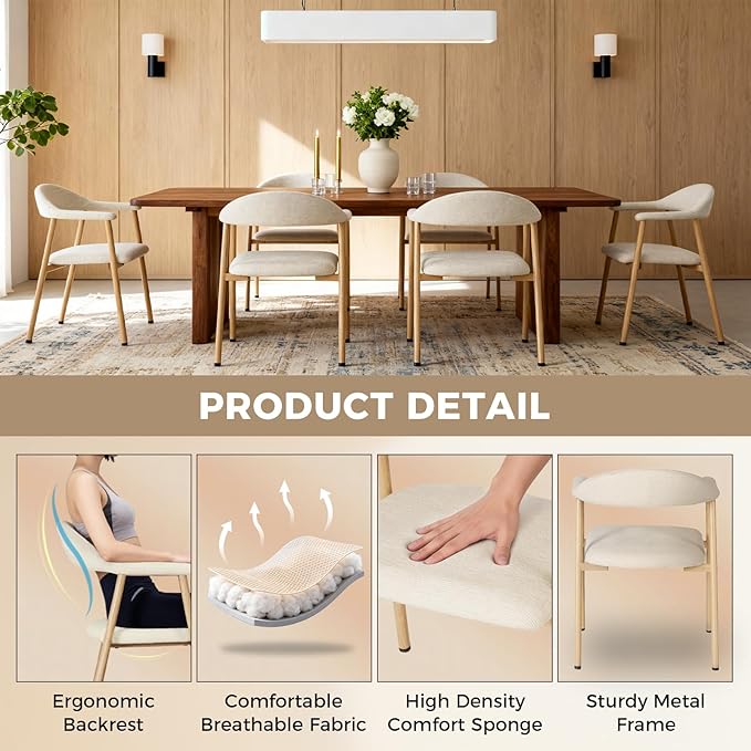 DUMOS Set of 2 Beige Linen Fabric Upholstered Dining Chairs, Modern Farmhouse Kitchen Side Chairs with Curved Backrest and Metal Legs, Accent Chairs for Dining Room, Restaurant, Cafe