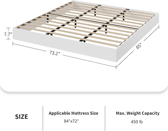 Garvee California King Size Wood Platform Bed Frame, Floor-Standing No-Gap Design, Modern Minimalist No Headboard Bed Frame, Wood Slat Support, No Box Spring Needed, Easy Assembly, White
