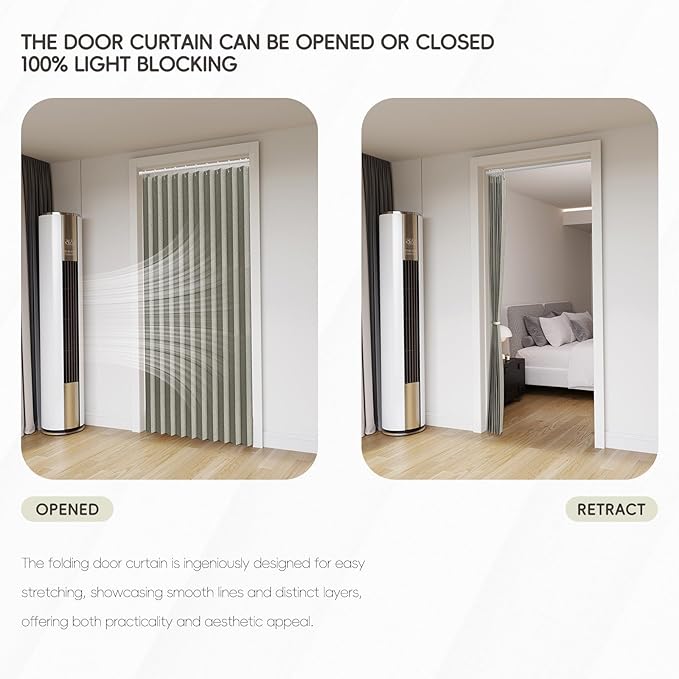 Jilron Accordian Door Curtain, 100% Blackout Folding Magnetic Doorway Curtains,Linen Style Closet Doors,for Room Divider,Privacy Protection（W52 x L78,Grey,1 Panel）