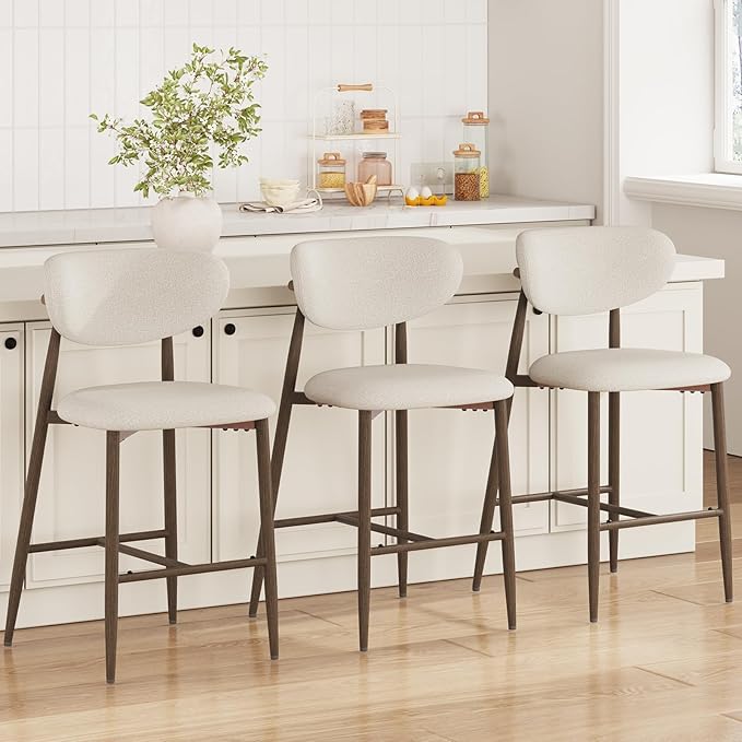 MALOL Bar Stools Set of 3, Counter Height bar stools, Kitchen Bar Stools with Backs, Modern Upholstered, Modern Bar Stools with Metal Legs for Kitchen Island, Counter, Beige