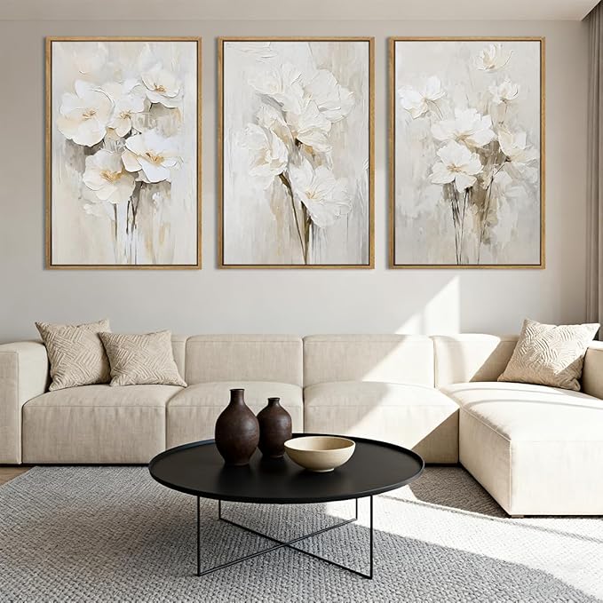 Anyzal Large Framed Beige Floral Wall Art Neutral Flower Wall Decor for Living Room Bedroom Dining Room 24x36 Inch Set of 3