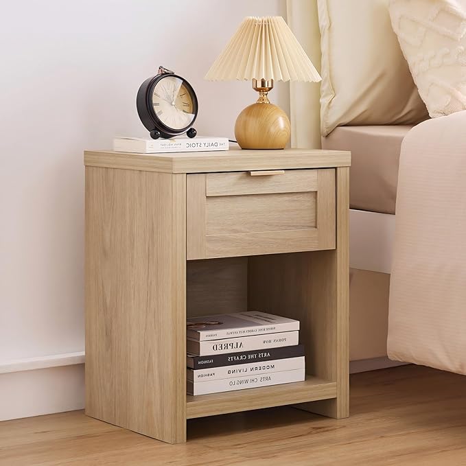 Walsham Natural Nightstand Boho Bedside Tables with Drawer and Storage Shelf Farmhouse Side End Tables for Bedroom Sofa, (Light Weathered Oak, 1 Set)