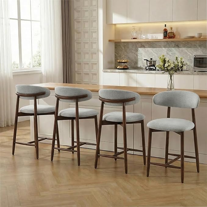 Bar Stools Set of 4, 25.6″ Counter Height Bar Stools with Wood Legs, Upholstered Modern Kitchen Barstools for Kitchen Island Dining Room Bar, Light Grey