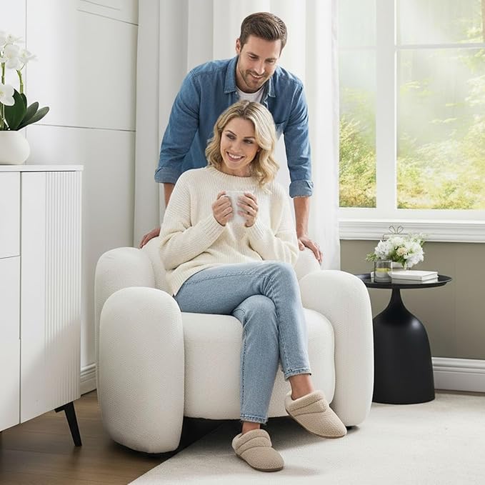 Hyfirm Modern Accent Chair, Mid-Century White Upholstered Comfy Barrel Chair with Solid Wood Base, Comfortable Single Reading Seater for Living Room, Bedroom, Study, Scandinavian Style Side Seating