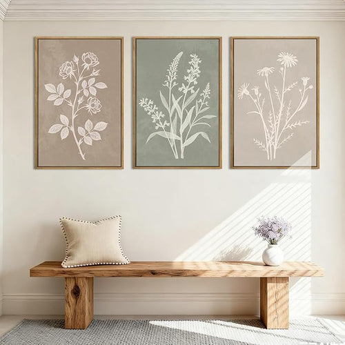 Anyzal Boho Floral Framed Wall Art 12x16 Inch,Farmhouse Flower Botanical Canvas Wall Decor,Retro Floral Art Print,Minimalist Wildflower Boho Plant Artwork for Living Room Bedroom Dining Room Set of 3