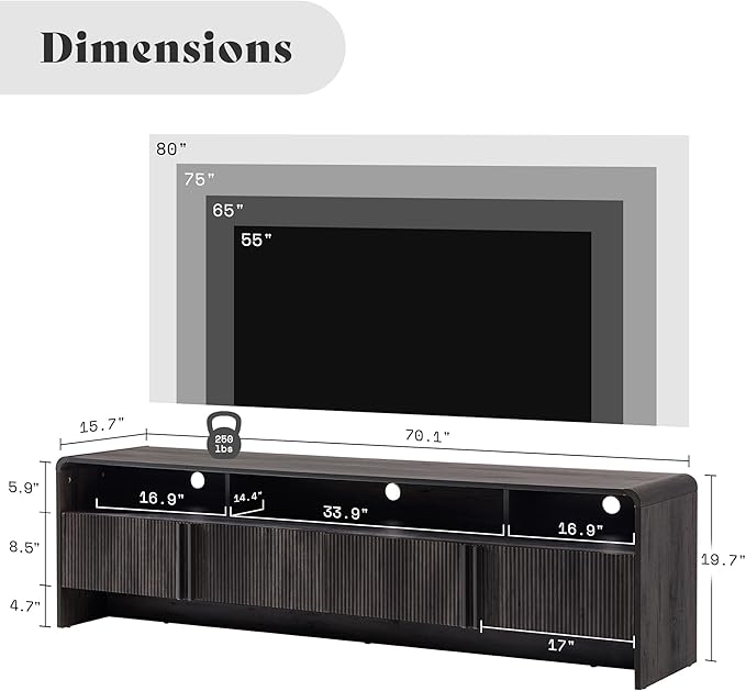 AMERLIFE Modern TV Stand for TVs up to 80", 70 inch Fluted TV Console with Storage Cabinets, Wood Entertainment Center Media Console for Living Room, Black