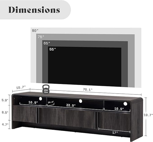 AMERLIFE Modern TV Stand for TVs up to 80", 70 inch Fluted TV Console with Storage Cabinets, Wood Entertainment Center Media Console for Living Room, Black