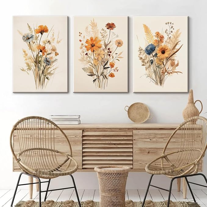 Botanical Floral Wall Art Set of 3 Vintage Wildflower Canvas Wall Decor Watercolor Rustic Farmhouse Wall Art Aesthetic Botanical Pictures Vintage Floral Prints for Bedroom 16x24 Inch Ready to Hang