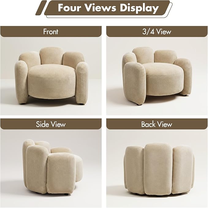 Hyfirm Mid-Century Modern Accent Chair Scandinavian Upholstered Barrel Armchair with Solid Wood Base, Comfy Single Sofa Chair for Living Room, Bedroom, Study, Apartment, Khaki